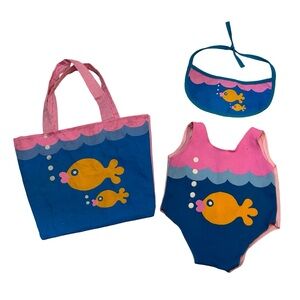 Vintage 1980s Doll Swimsuit Set with Tote and Visor Fish Print